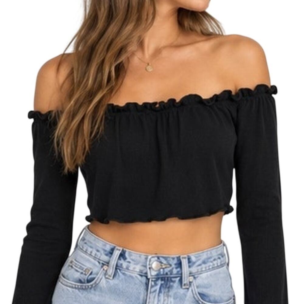 Nasty Gal Black Ribbed Off-the-Shoulder Crop Top Lettuce Hem Ruffle Medium 8